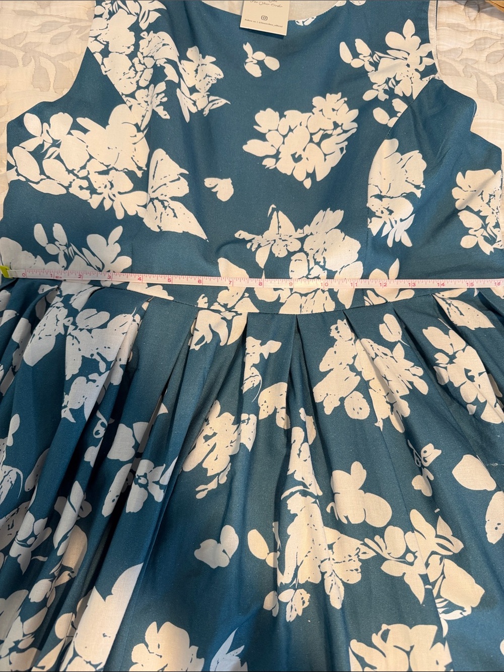 Sleeveless Teal Floral Midi Dress with Full Skirt Linen and Cotton Material 185 - Picture 14 of 16